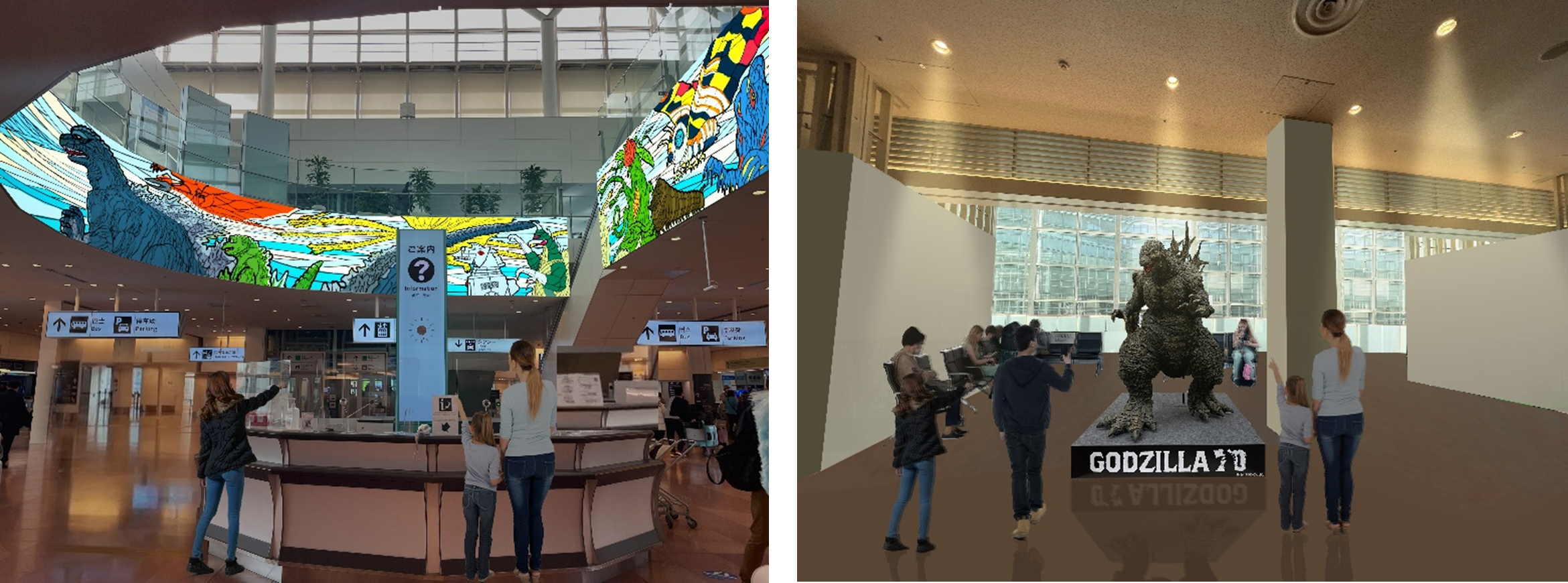 Information Counter Graphics and Godzilla Statue