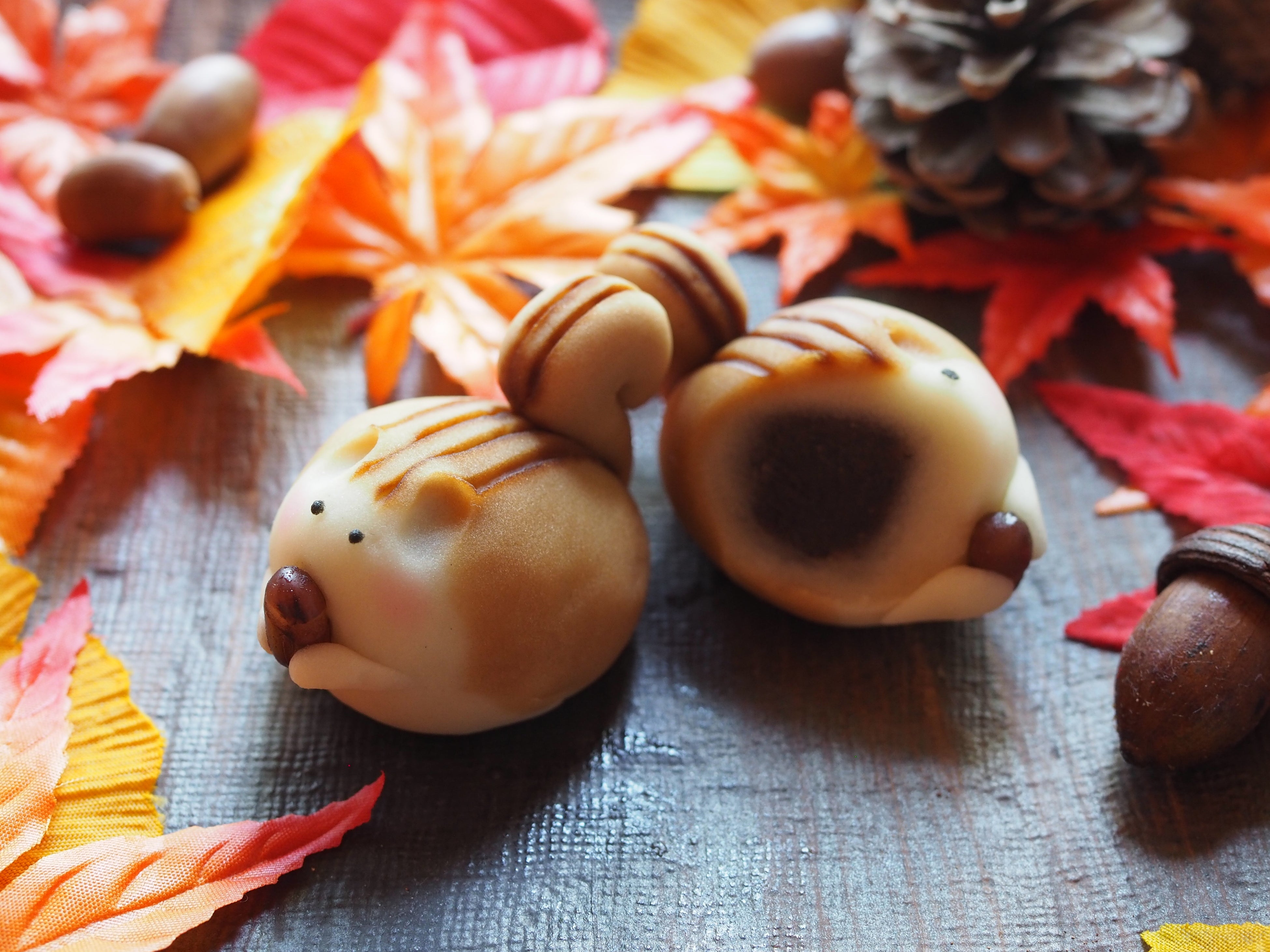ภาพโคลสอัพของ wagashi กระรอกกับลูกโอ๊ก