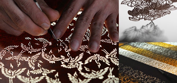 From kimono to accessories, craftsmen carve out dozens to hundreds of stencil sheets depending on the dyeing method and purpose