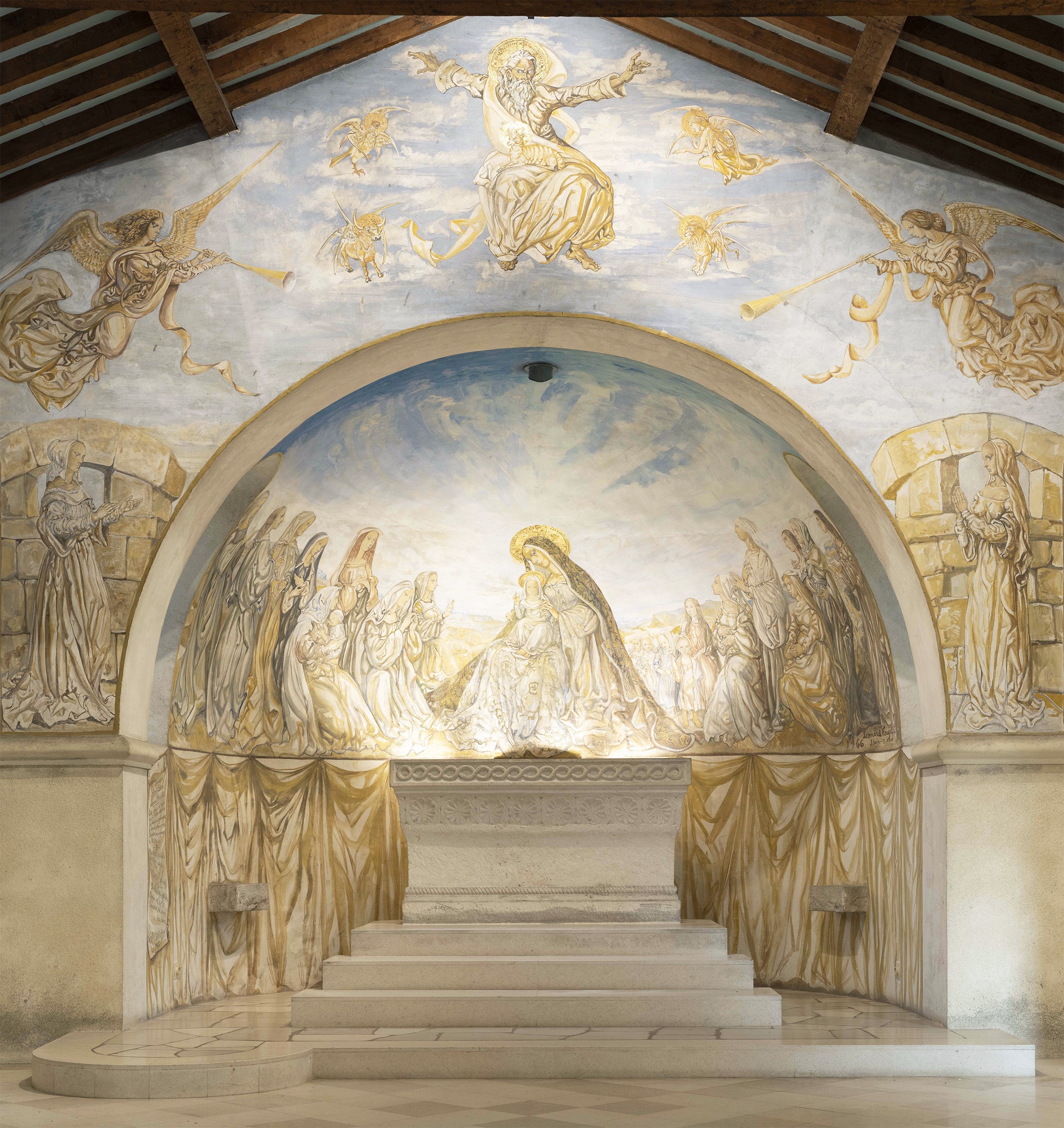 Interior view of Gallery 4 showing reproduction of altar with Virgin and Child painting