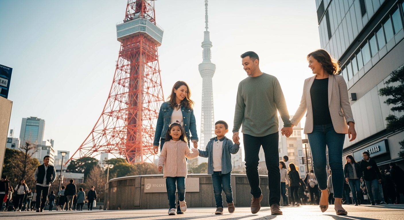 Happy family of four walking together in Tokyo with Tokyo Tower and Tokyo Skytree in background