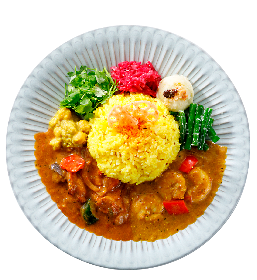 從左側開始的彩色配菜:Chana Masala(鷹嘴豆咖哩)、香菜、紫甘藍和甜菜油菜、椰子泥、青豆 thoran、蓮藕片(在米飯上)