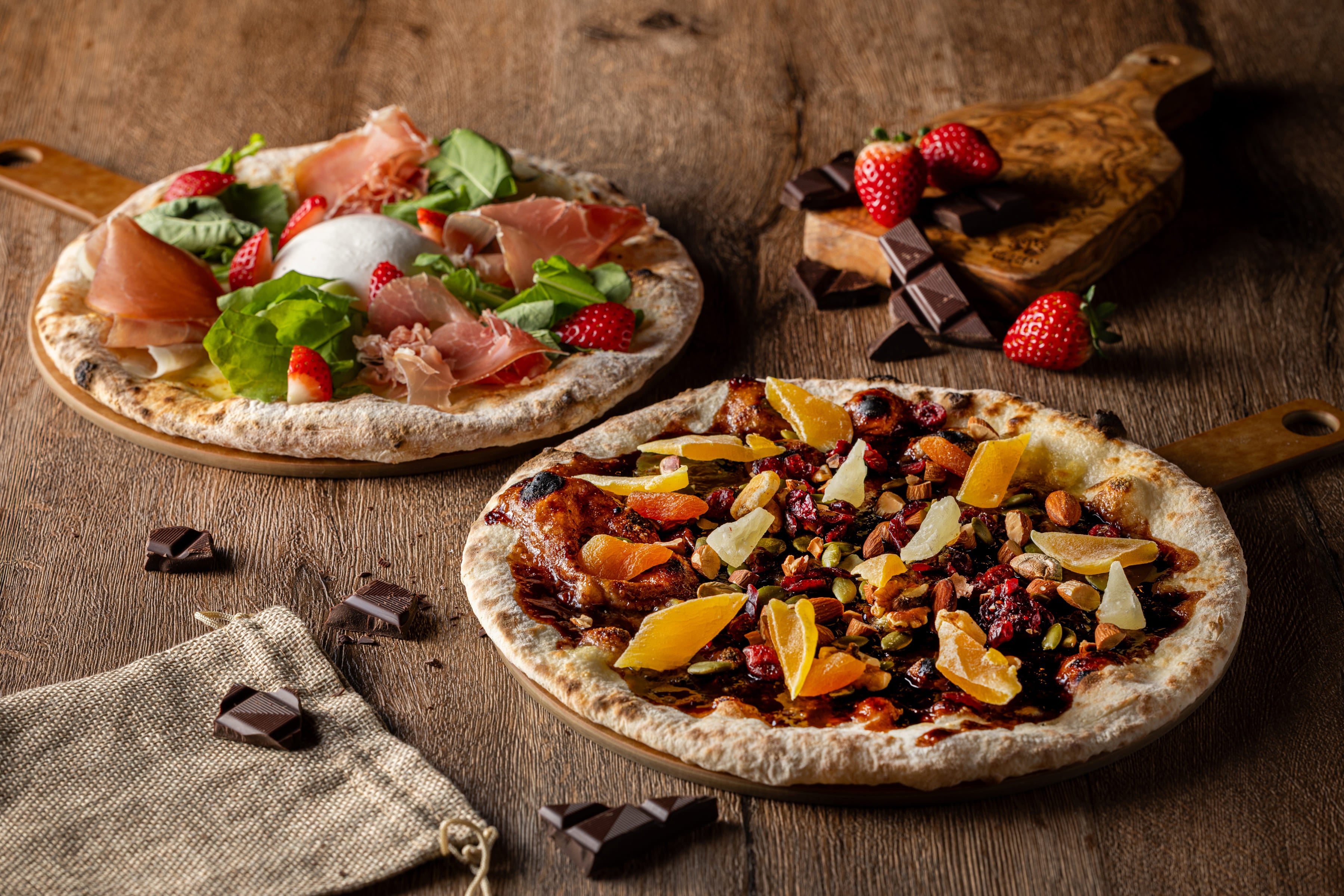 (Left) Strawberry and Burrata Cheese Pizza (Right) Bitter Chocolate and Nut Pizza