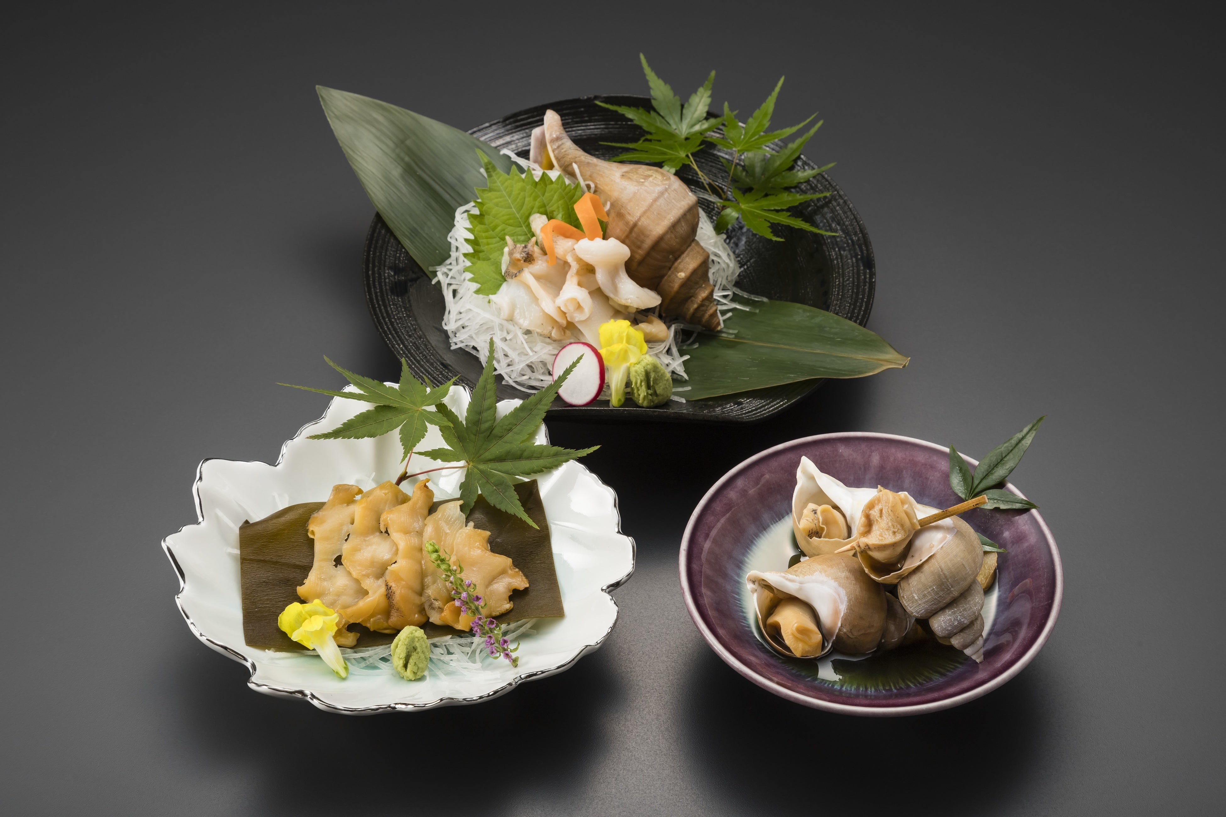 Whelk three-way tasting (sashimi, kombu-jime, simmered)