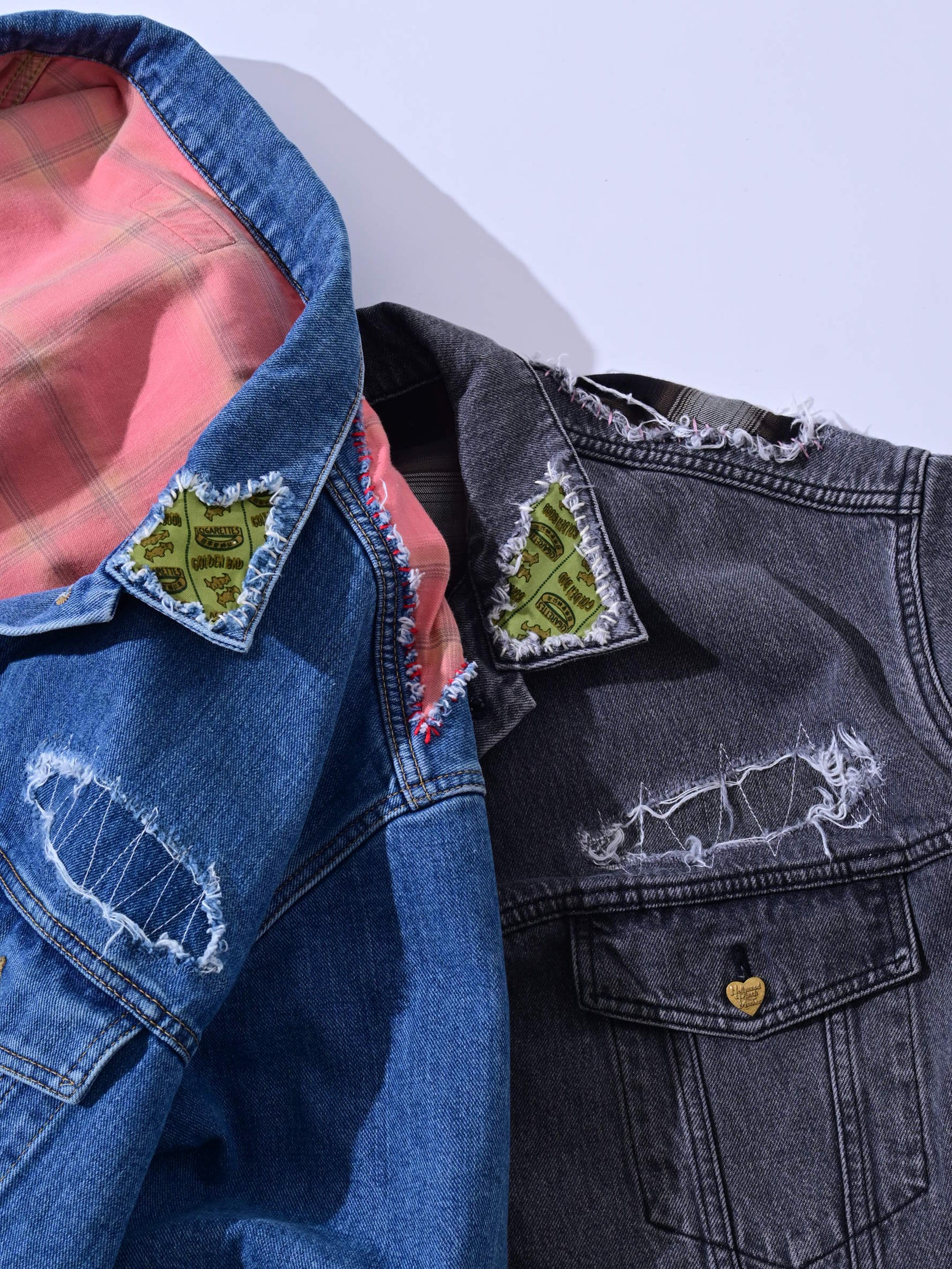 Close-up of denim tracker jacket details