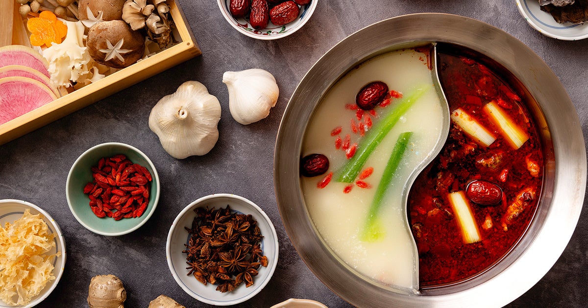 Our chef's special two-type soup: red spicy and white salted koji