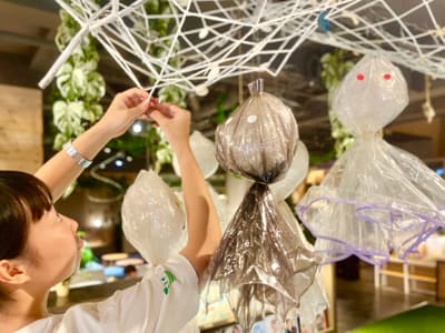 Ofuro Cafe Hareniwa no Yu in Kumagaya Displays Upcycled Vinyl Umbrella Teru Teru Bozu for the Rainy Season