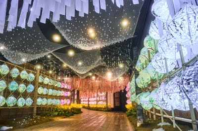 星野集團青森屋舉辦盛唐花咲祭，以睡魔燈籠點綴的花卉走廊迎春