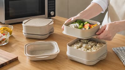 Pearl Metal Releases Two-Tier Microwave Steamer With Nesting Storage and a Lid That Doubles as a Tray