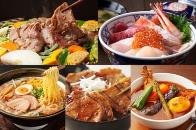 北海道7种当地美食：成吉思汗烤肉、海鲜丼、汤咖喱、炸鸡、猪肉丼、味噌拉面、盐拉面