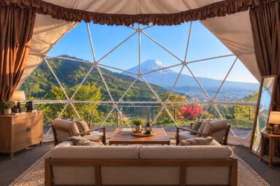 位于富士山下的杓子山网关露营地升级豪华四床圆顶帐篷，推出最高3折优惠、桑拿套餐及冬季烧烤