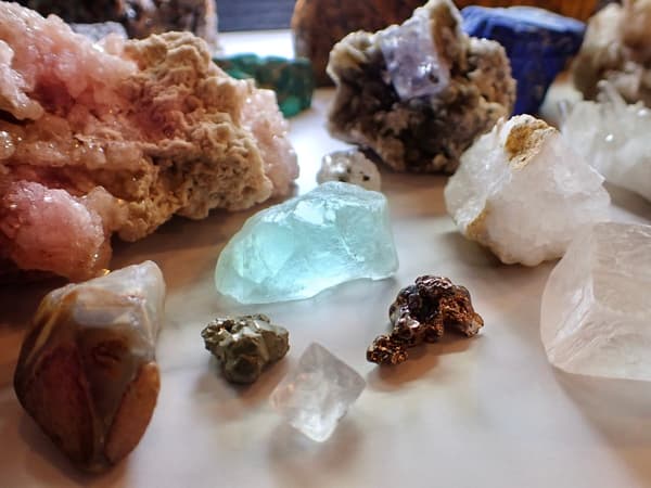 Fluorite and other minerals on display, from well-known varieties to rare specimens