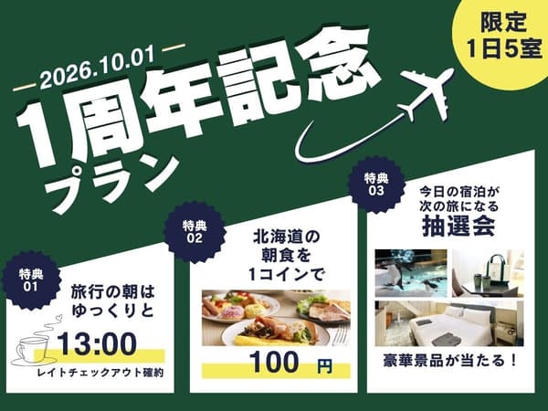 Grafik untuk paket hari jadi ke-1, dengan check-out pukul 13:00 dan sarapan Hokkaido seharga ¥100, terbatas untuk lima kamar per hari
