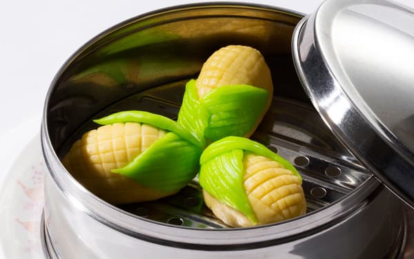 Corn gyoza shaped to resemble corn cobs