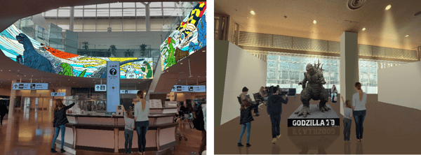 Information Counter Graphics and Godzilla Statue