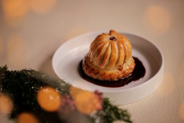 Beef braise and chicken mousse pie with red wine sauce
