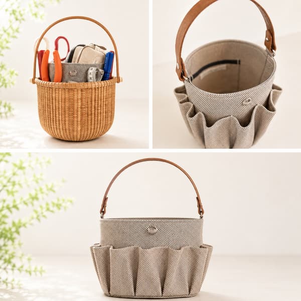 GMJ Original Tool Bag (Round: approx. 13.5 cm diameter x 16 cm tall; Oval: approx. 17 x 9 cm base x 13 cm tall; handle: approx. 40 cm total length; thread: 100% cotton, brooch: brass, handle: nume leather) ¥22,000 each