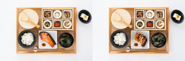 古式精米製法で磨かれたブレンド米を使用したおひつ御膳（左：鮭、右：鶏）。麹と無添加調味料で調理されたおかずが、香りの良い炊き立てのご飯に添えられています。