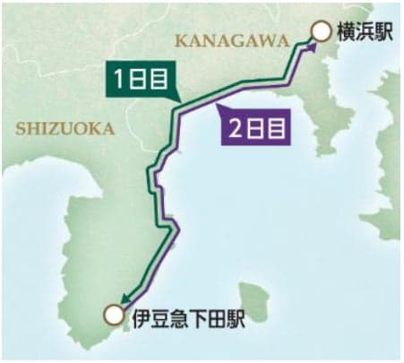 Mapa de ruta del Plan de crucero Brillo colorido: Shimoda, desde la estación de Yokohama hasta la estación de Izukyu-Shimoda y regreso