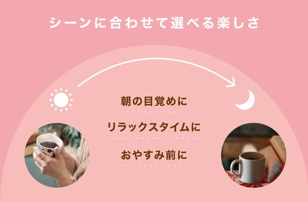 展示早晨、放鬆時間與睡前飲用無咖啡因咖啡的插圖