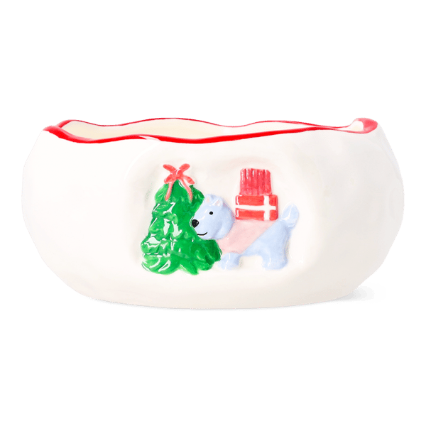 Bowl with a dog, a tree, and presents