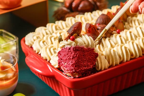 Rich chestnut and cassis mousse come together in this luxurious gateau