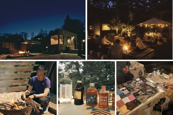 Guests gathered around a campfire in the evening
