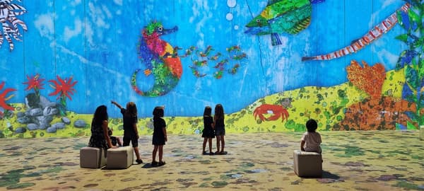 Visitantes frente a una escena submarina proyectada con un caballito de mar, un cangrejo y peces