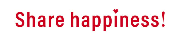 El logotipo actualizado de Share happiness!, en letras rojas con un pequeño corazón sobre la letra i