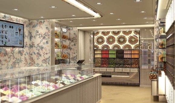 Venchi Ginza Flagship Store interior with Chocoviar Wall and Bar Chocolate Wall