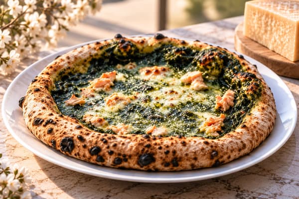 Pizza with Nara-grown wheat, Nara-grown spinach, and mentaiko