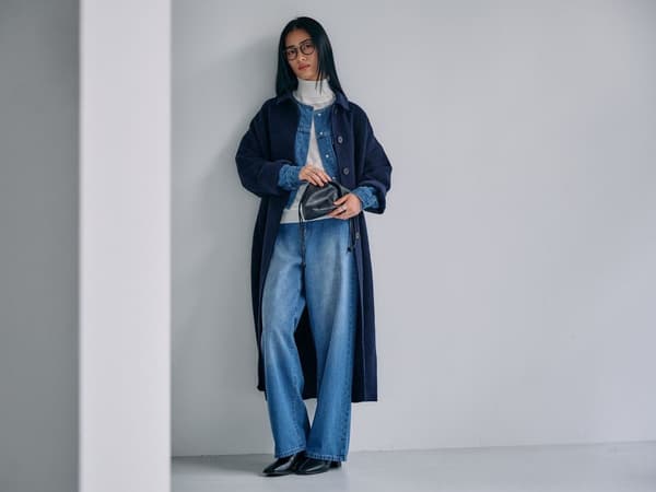 Casual denim set-up layered with a long coat