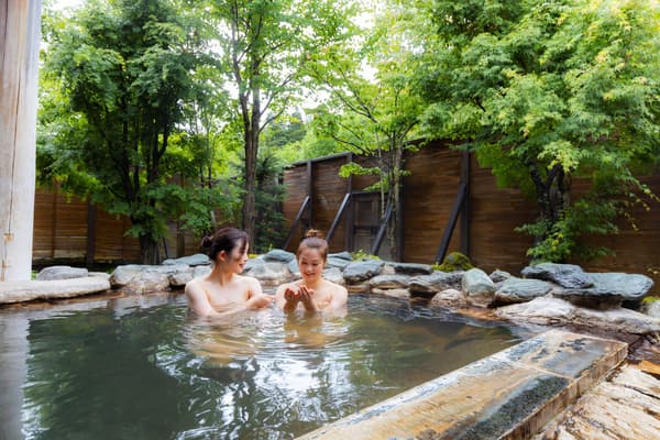 Open-air bath overlooking seasonal scenery and a starry sky