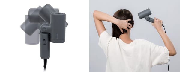 The dryer handle rotating through its angles, and the dryer being used on the back of the head