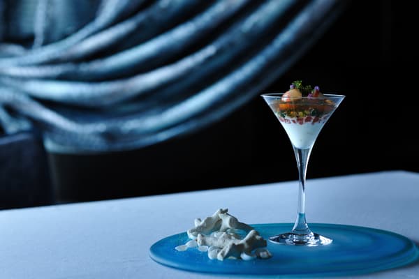 Potassium: Cold appetizer of asa seaweed, sea grapes, and kuruma shrimp