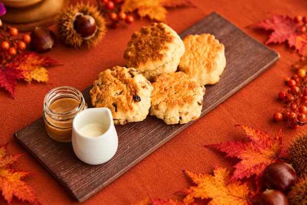 Two kinds of scones with marron sauce and crème double