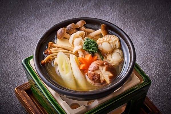 Hot pot: mushrooms and scallops in Shinshu miso