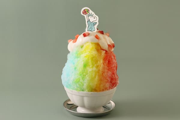Rainbow shaved ice inspired by Snoopy's Statue of Liberty football play