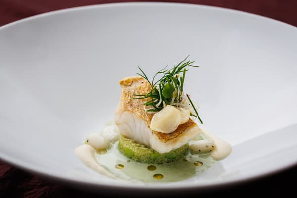 Pan-seared grouper with aosa seaweed and Kujo green onion, served with lily bulb