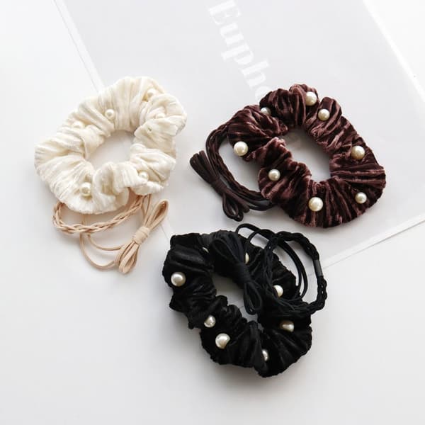 Velour Scrunchie with Pearl × Set Hair Ties / 3 pcs (パール付ベロアシュシュ×セットゴム / 3pcs)