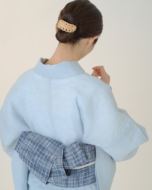 Hanhaba Obi, Yonezawa Weave, Washi-Silk, Sleet, Blue