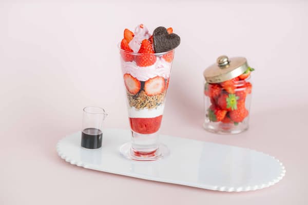Black sesame parfait with strawberry espuma