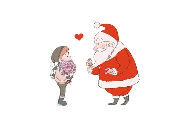 Illustration of Santa Claus and a child holding a bouquet