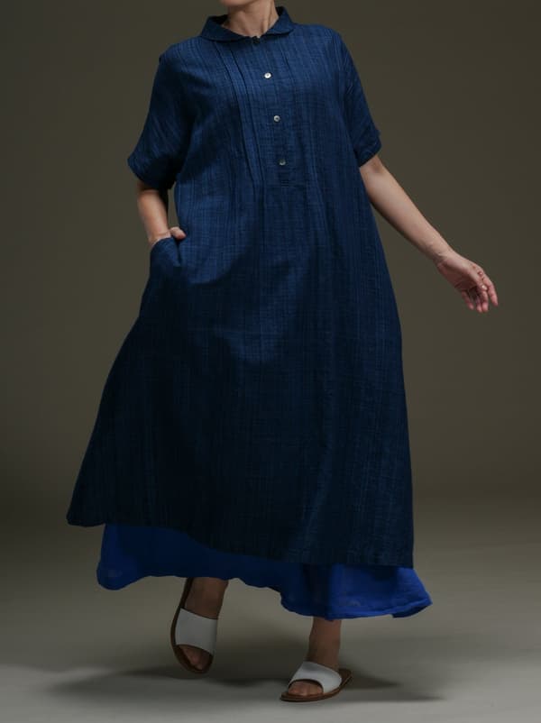 Indigo-dyed cotton-linen kasuri dress