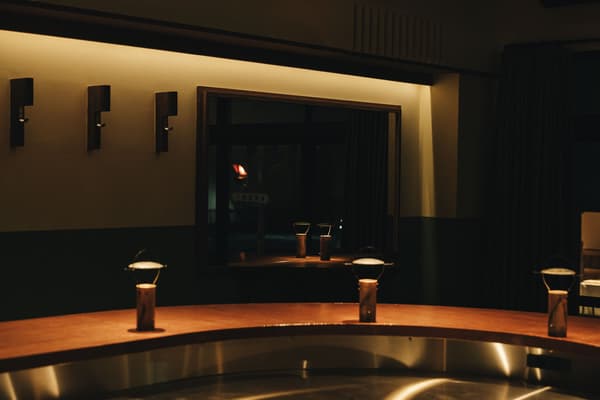 mae at night, with the counter lit under a low light