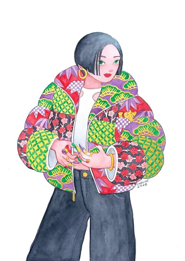 Sho-Chiku-Bai, karakter dengan jaket puffer bermotif pinus, bambu, dan prem