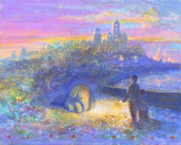 新作版畫「與友共待的街之宵」(與友人在街上等待傍晚),22×27cm