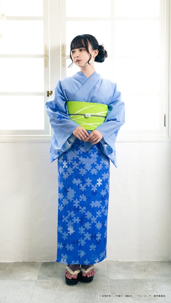 Un diseño basado en azul que incorpora el motivo del rompecabezas que simboliza a Isagi Yoichi. El obi de color verde intenso resalta la impresión fresca pero poderosa de Isagi.