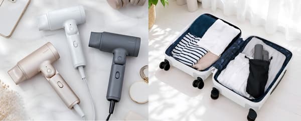 The dryer in three colors laid out on a table, and a dryer in its pouch packed in a suitcase