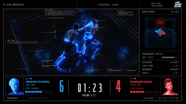 Gambar konsep layar siaran Low Vision Boxing yang menunjukkan dua petarung digariskan dengan cahaya biru dan radar ring